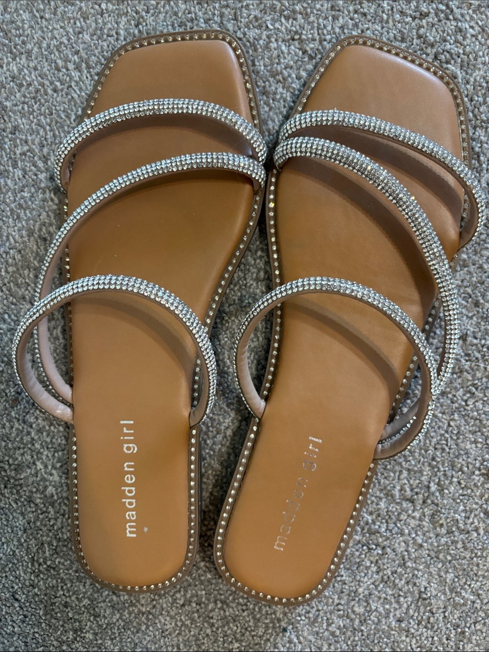 Madden Girl Brown Slide Sandals with Rhinestone Triple Straps